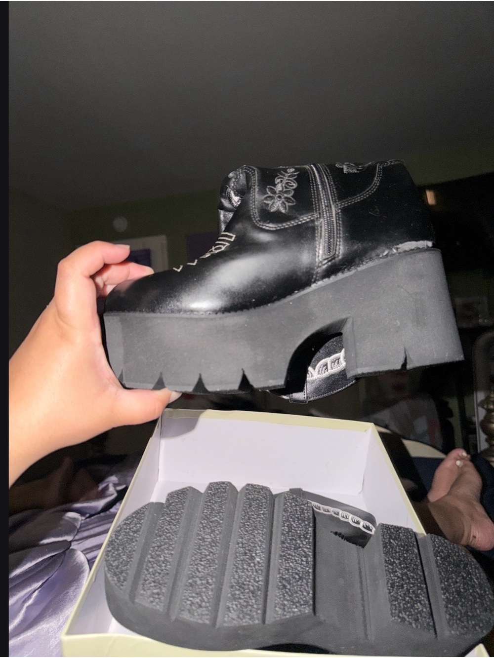 Black Platform Ankle Boots with Embroidered Detail - Women size 8 but small